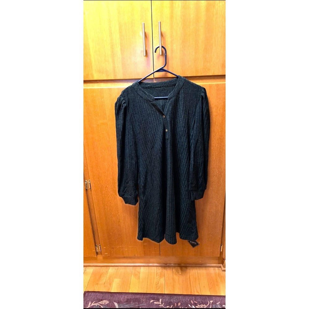 Zaful Ribbed Knit Mini Dress Womens Green Long Sleeve Puff Shoulder Henley NEW